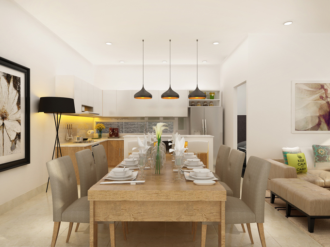 Phòng khách, phòng ăn, bếp nên kết nối với nhau thành một không gian liên thông để ngôi nhà thông thoáng nhất.